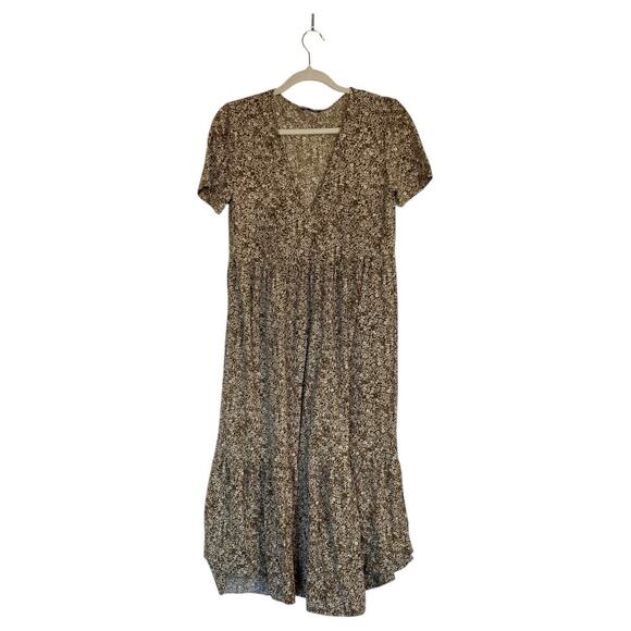 ZARA Brown Floral Midi Dress Short Sleeves Lightweight Summer Tiered - Picture 1 of 6